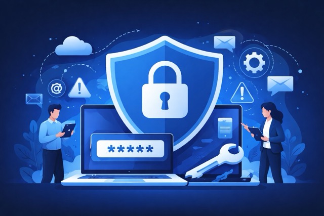 Illustration zur Passwortsicherheit im Unternehmen: Laptop mit Passwortfeld, großes Schloss-Symbol und zwei Mitarbeitende vor blauem Hintergrund. (KI generiert)